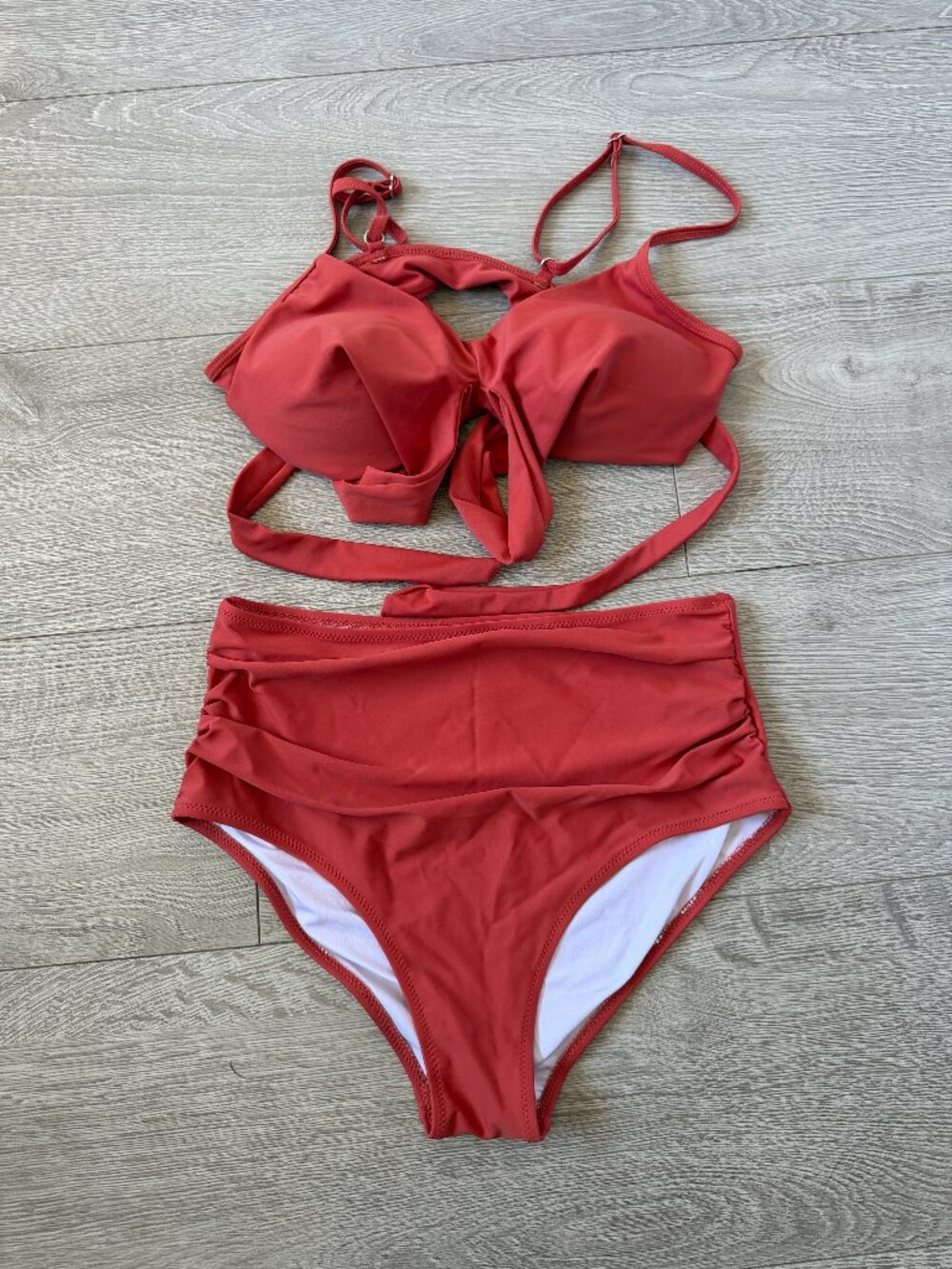 Rust Orange Ruffle Tie Front High Waist Two Piece Bikini Set S NEW